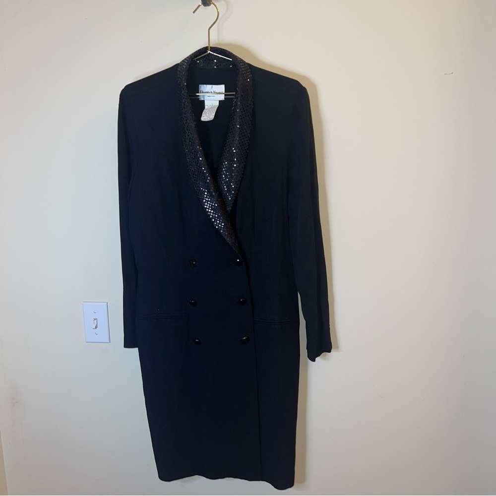 Vintage Danny & Nicole‎ Black Sequin Shawl Collar Duster Jacket Size 14 Made USA